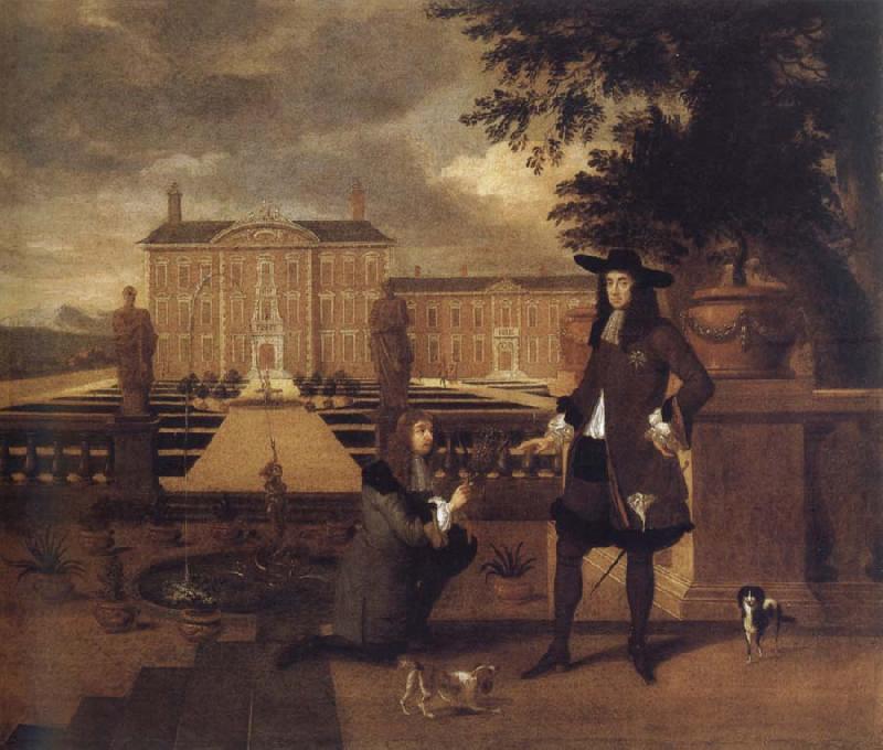 unknow artist John Rose,the royal gardener,presenting a pineapple to Charles ii before a fictitious garden oil painting picture